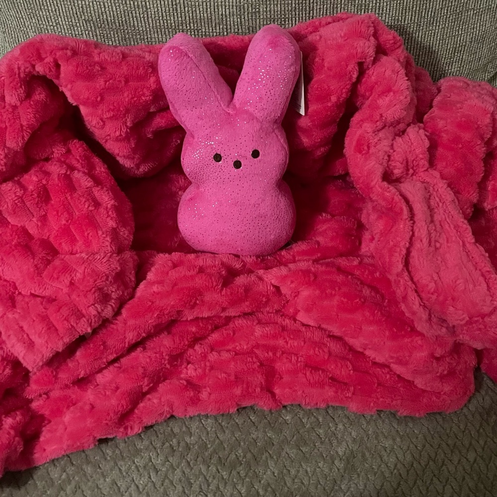 Hot pink soft cozy throw 50” by 60” with soft pink “peeps” bunny. - Picture 2 of 3